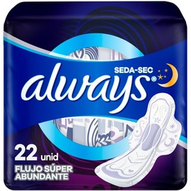 Always Toallas Femeninas Nocturna Seda Sec 3X Protección: Absorbe, Retiene y Distribuye, 22 Unidades