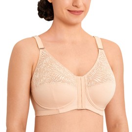 LAUDINE Women's Front Closure Lace Wireless Back Support Posture Bra Plus Size Beige 36E