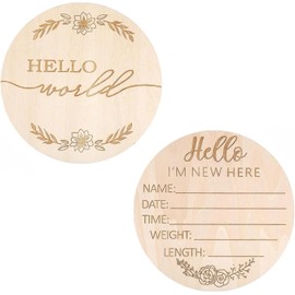 Wooden Baby Announcement Sign, 5.9 Inch Round Hello World Baby Sign, Newborn Welcome Plaque I'm New Here, for Hospital Baby-Shower Nursery Photo Prop