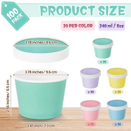 Fulmoon 100 Pack Paper Soup Containers with Lids Disposable Paper Food Containers with Vented Lids Kraft Ice Cream Containers Bowls Soup Cup Ice Cream Cups for Soups Restaurants (Multi Colors,8 oz)