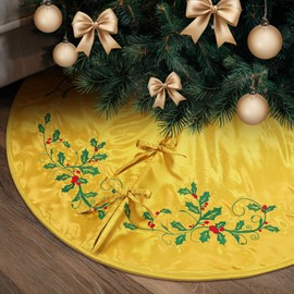 Soulchen Deluxe Satin Christmas Tree Skirt 48 Inch Luxury Silk Vintage Bow Tree Skirt with Holly Embroidered Leaf for Holiday Rustic Xmas Trees Decorations (Gold)