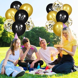 16th Birthday Balloons, 15Pcs Black Gold Happy 16th Birthday Balloons, Black Gold 16th Birthday Party Decorations Balloons for Boys Girls 16th Birthday Decoration Supplies 12 inch