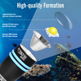 nitescuba MS02 Mini Dive Mask Light Diving Scuba Flashlight Headlamp Underwater 70m Torch 500 Lumen Rotary Switch with Battery and 316 Stainless Steel Mask Clip (Not Included Snorkel Mask)