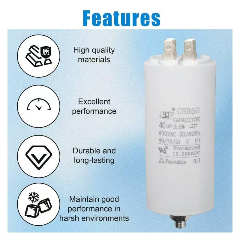 CBB60 Run Capacitor 40uF 450V AC 50/60Hz Double Insert Cylinder