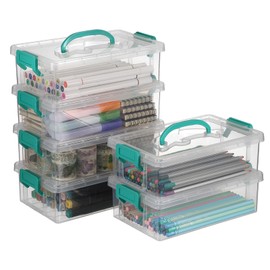 BTSKY 6-Pack Large Stackable Pencil Boxes with Handles, Transparent Pencil Case with Latching Lids & Clasp, Plastic Pencil Box Stationery Organizer Box Ideal for Craft Pen Art Office Supply, Green