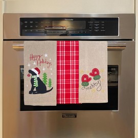 Holiday Christmas Kitchen Bath Dish Hand Kitchen Towels: Happy Holidays Dog Merry Mittens and Plaid Designs 3 Pc Flat Weave Design, 100% Cotton 15" x 25" for Hands, Dishes or Home Decor