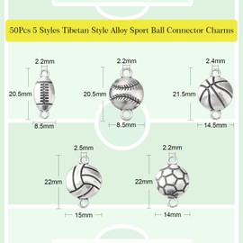 Ipotkitt 50 Pcs 5 Styles Antique Style Sport Ball Connector Charms Cute Basketball Baseball Football Rugby Colleyball Charms Links for Jewelry Making