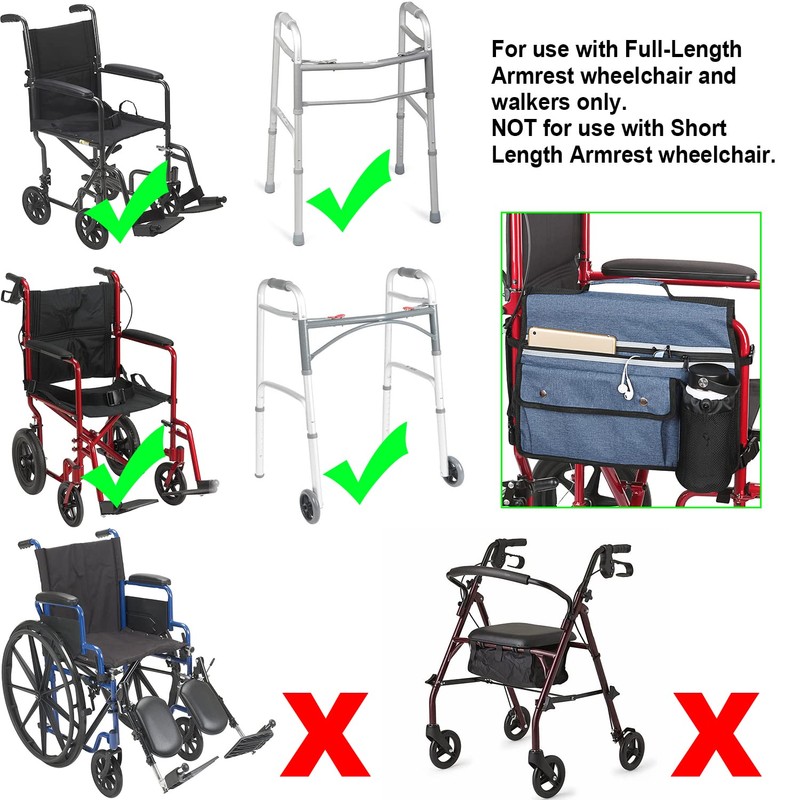 Wheelchair Storage Bag, Double-Sided Armrest Pouch with Cup Holder and