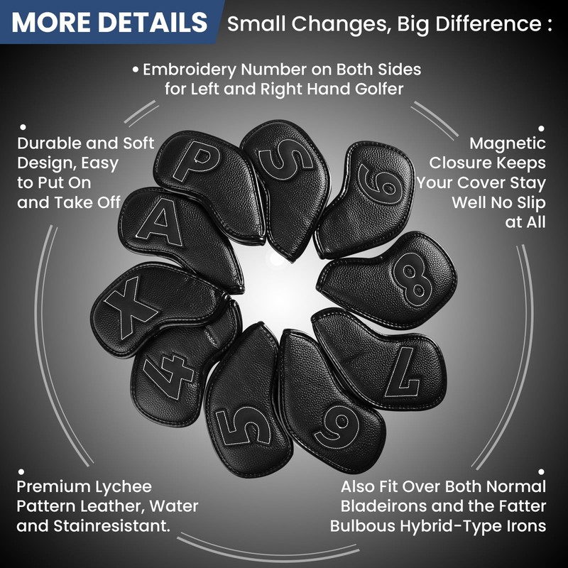 Golf Iron Headcovers 10 Pack Set Synthetic Leather with Magnetic