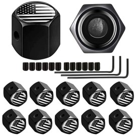 Dsycar 12 Pack Anti-Theft American Flag Tire Valve Caps, Universal Aluminum Stem Covers for Cars, SUVs, Trucks, Bikes, Motorcycles | Airtight Seal | Hexagon Design (Anti-Theft - Black White USA)