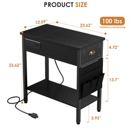 IDEALHOUSE 2024 New Set of 2 End Side Table Living Room Bedroom with Charging Station, Narrow Couch Table with Drawers/USB Ports/Outlets, Flip Top Bedside Tables Night Stand Furniture