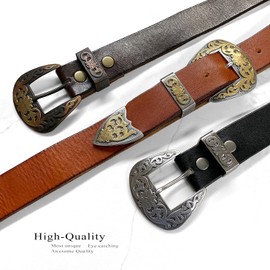BS040-S5359 Western Antique Gold Floral Engraved Buckle Genuine Full Grain Leather Casual Jean Belt 1-1/2"(38mm) Wide - Antique Gold (Black, 32)