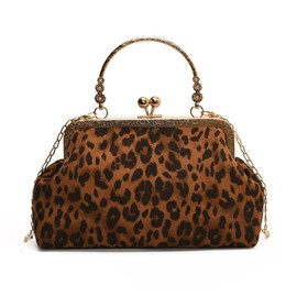 Small Leopard Suede Evening Clutch Purse with Chain Cheetah Print Kiss Lock Evening Tote Handbag and Purse Clutch Bag (Brown)