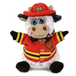 DolliBu Sitting Cow Firefighter Stuffed Animal with Name Personalization - Super Soft Cow with Red Fireman Costume Outfit and Fireman Hat, Cute Fire Fighter Doll Plush Toy for Kids - 7 Inch