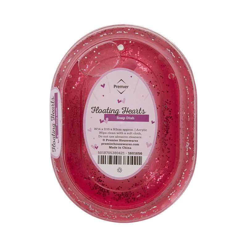 Premier Housewares 1601656 Acrylic Soap Dish with Floating Hearts, Transparent/Red,