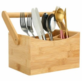Cutlery Caddy Utensil Holder with Handle 4 Compartment Kitchen Organiser Rack Divider Wood Carry Caddy