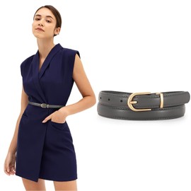 JASGOOD Women Thin Leather Belt Skinny Faux Leather Belt for Jeans Dress with Gold Alloy Buckle,Grey