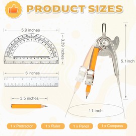 4 Pieces Geometry Math Set Compass for Geometry Math Compass and Protractor Set Include Metal Compass with Pencil Plastic Ruler and Protractor for Student School Office Woodworking Drawing Tools
