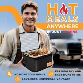 Heated Lunch Box – 80W Electric Lunch Box for Adults, 12V/24V Car & Truck + 110V/220V for Office & Travel – Cooks or Warms Meals, Full Utensils & Premium Carry Bag