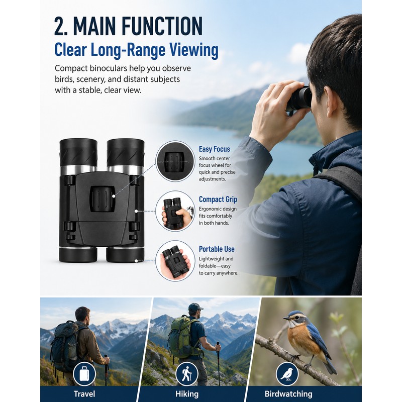 Compact 8x21 Binoculars for Travel & Birdwatching – Lightweight Folding
