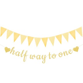 SKTMH Half Way to One Banner with Gold Triangle Pennants Half Birthday Banner Half a Year Old Birthday Party Sign Happy 1/2 Birthday Banner for 6 Month Photo Prop Half Birthday Decorations