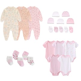 MAMIMAKA Newborn Baby Girls Clothes Sets 23-Piece, 5-pack Bodysuit+3PJS and Accessories for 0-6 Months