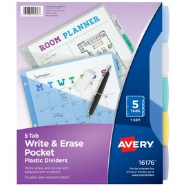 Avery Durable Write-On Plastic Dividers with Pockets, 5-Tabs, 1 Set (16176)