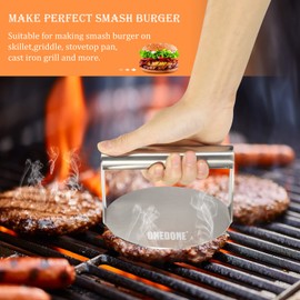 ONEDONE Burger Press Stainless Steel Smash Burger Press 5.5 inch Burger Smasher for Griddle w/Seasoning Shaker & 100 Patty Paper, Burger Iron Grill Press Griddle Accessories Kit Griddle Cooking