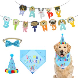 Classicseali Pack of 4 Dog Bandana Birthday Party Set, Dog Birthday Decoration, Dog Themed Dog Birthday with Banner, Bandana, Bow Tie, Birthday Hat for Children, Babies and Dogs