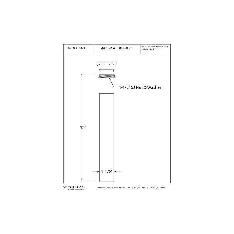 Westbrass D423-62 1-1/2" x 12" Slip Joint Extension Tube, Matte