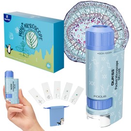 QUNSE Mini Children's Pocket Microscope for Children 60 x 120 x 5 Cuts with Microscope Preparations (Blue)