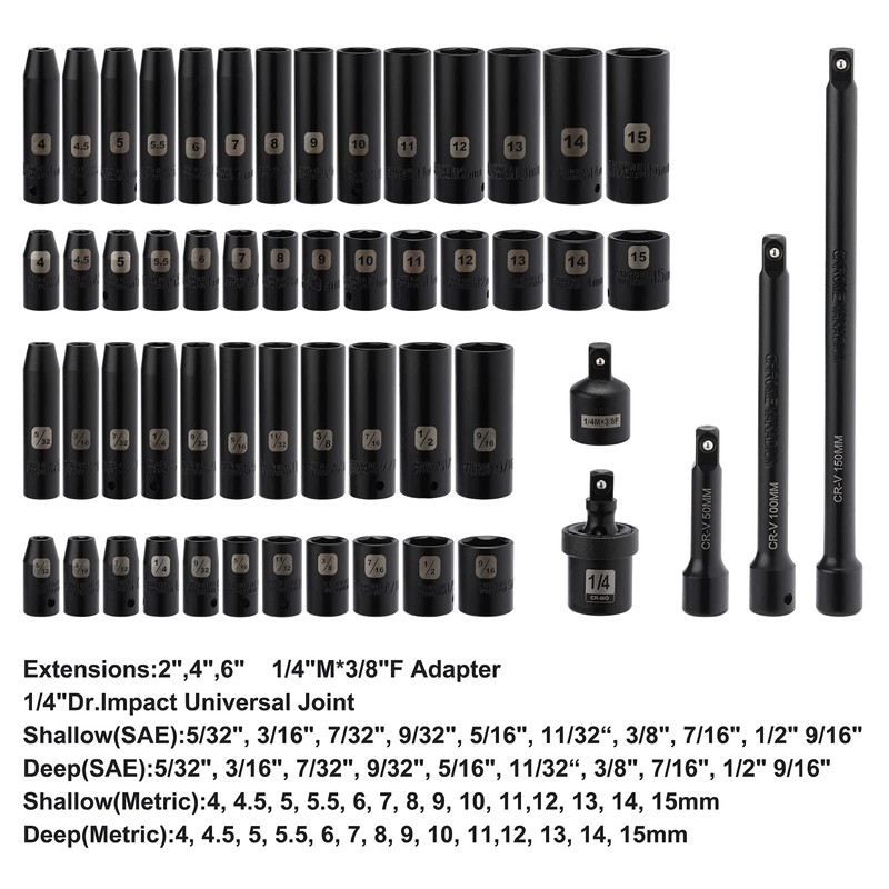 Mayouko 55PCS 1/4 Inch Drive Master Impact Socket Set, Metric/SAE,