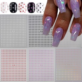 6 Sheets Mini Star Nail Stickers for Nail Art 3D Self-Adhesive Five-Pointed Star Nail Sticker White Black Red Purple Silver Laser Pentagram Nail Decals Supplies for Women DIY Manicure Decorations