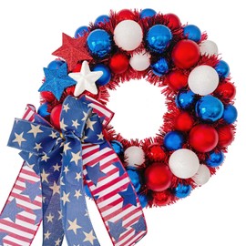 HipTree 13 Inch Patriotic Ball Wreath for Front Door with Lights,Labor Day
