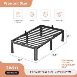 VIPSHOW 12 Inch Twin Heavy Duty 3500 lbs Bed Frame with Round-Corner Legs & Anti-Squeak Design – Quick Assembly Metal Platform, No Box Spring Needed