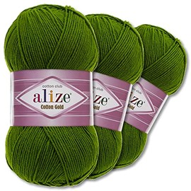 Wohnkult Alize 3 x 100 g Cotton Gold Premium Wool 59 Colours Summer Wool Yarn Knitting Amigurumi All Season Wool (35 | Dark Green)