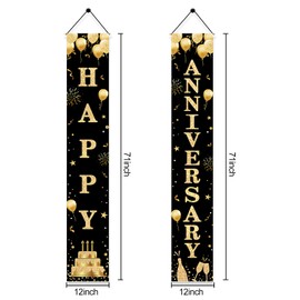 Decoración de aniversario de boda, decoración de puerta, decoración de bandera de oro negro con texto en inglés «Happy Aniversario», suministros de fiesta, aniversario, bienvenida, porche de puerta, decoración para exteriores