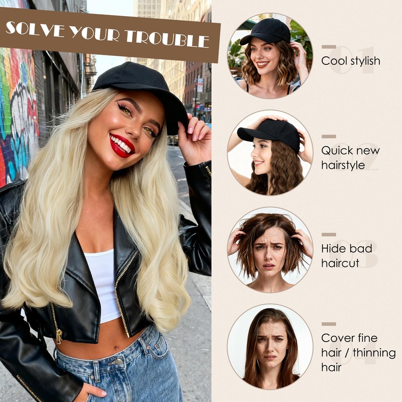 Hat Wig for Women, Baseball Cap Wig with BOB Hair