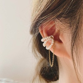 Inateannal Pearl Cuff Chain Earring Non Pierced Ear Wrap Earrings Magnetic Ear Clip Chain Hypoallergenic Earrings Jewellery for Women Girls, Pearl