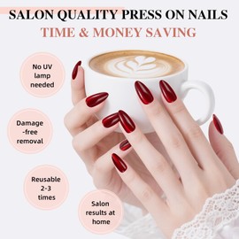 Sifvoo Red Press on Nails, Short Press on Nails Almond Reusable Glossy Cat Eye Nails Soft Gel False Nails Press ons for Women, 15 Sizes 32 Count Nails Kit with Glue (SV-08)
