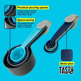 Tasty 10-Piece Measuring Cups and Spoons Set, Measuring Cups for Baking, Measuring Nesting Cups Set, Plastic Cups & Spoons Set, Baking , Kitchen Tools, Colour: Light Blue, Blue, Grey