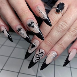 24Pcs Black French Tip Press on Nails Long Almond Fake Nails Full Cover Glue on Nails Length Stiletto with Black Rose Heart Snake Stick on Nails Spider Web False Nails for Women y2k Nail Decor Kit