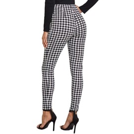 WDIRARA Women's Plaid Zip Front Skinny Pants Stretchy Work Gingham Leggings Black and White S