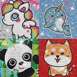 Diamond Painting Kits, ZIKO 4 Pack Easy DIY 5D Diamond Painting for Kids without Wooden Frame, Cute Cartoon Animals Beginners Art Crafts Kits for Home Office Wall Décor