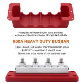 AMOMD 600A High Current Bus Bar Nickel Plated Copper Distribution Block with 4 3/8 inch (M10) Studs 8 Screws Ideal for Electrical Battery Ground Connection Includes Cover for DC 12-48V System (2pcs)