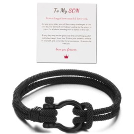 beemean To My Son/Grandson Bracelet-I Will Always Be With You Nautical Bracelet Men's Braided Titanium Steel Bracelet Horseshoe Buckle Stainless Steel Inspirational Faith Bracelet Bracelet(black&son)