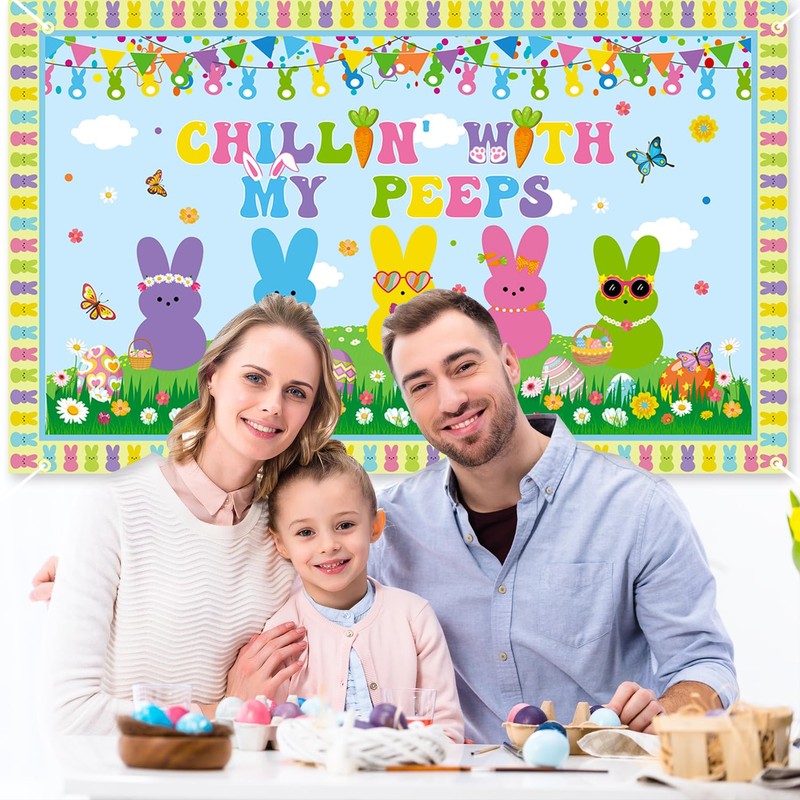 Chillin with My Peeps Backdrop 72''x44'' Large Size Easter Bunny