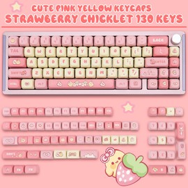 GEKUCAP PBT Cute Pink Yellow Keycaps 136 Keys XOA Key caps Dye Sublimation Custom Keycap Set Round Profile for Cherry MX Switches Mechanical Gaming Keyboards（Strawberry Chick Theme）