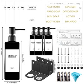 Set of 4 Wall Mounted Soap Dispensers, 500 ml Black Soap Dispenser, Bathroom, No Drilling, Plastic Shower Dispenser with Funnel and Waterproof Labels, Shampoo Dispenser for Kitchen, Bathroom
