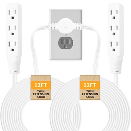 Makevivi Twin Extension Cord, 24 Ft Flat Wall Plug, 12 Feet on Each Side, 3 Prong Power Strip with 6 Outlets, Double Extension Cord Splitter for Behind Bed, Couch, Nightstand, Furniture, White
